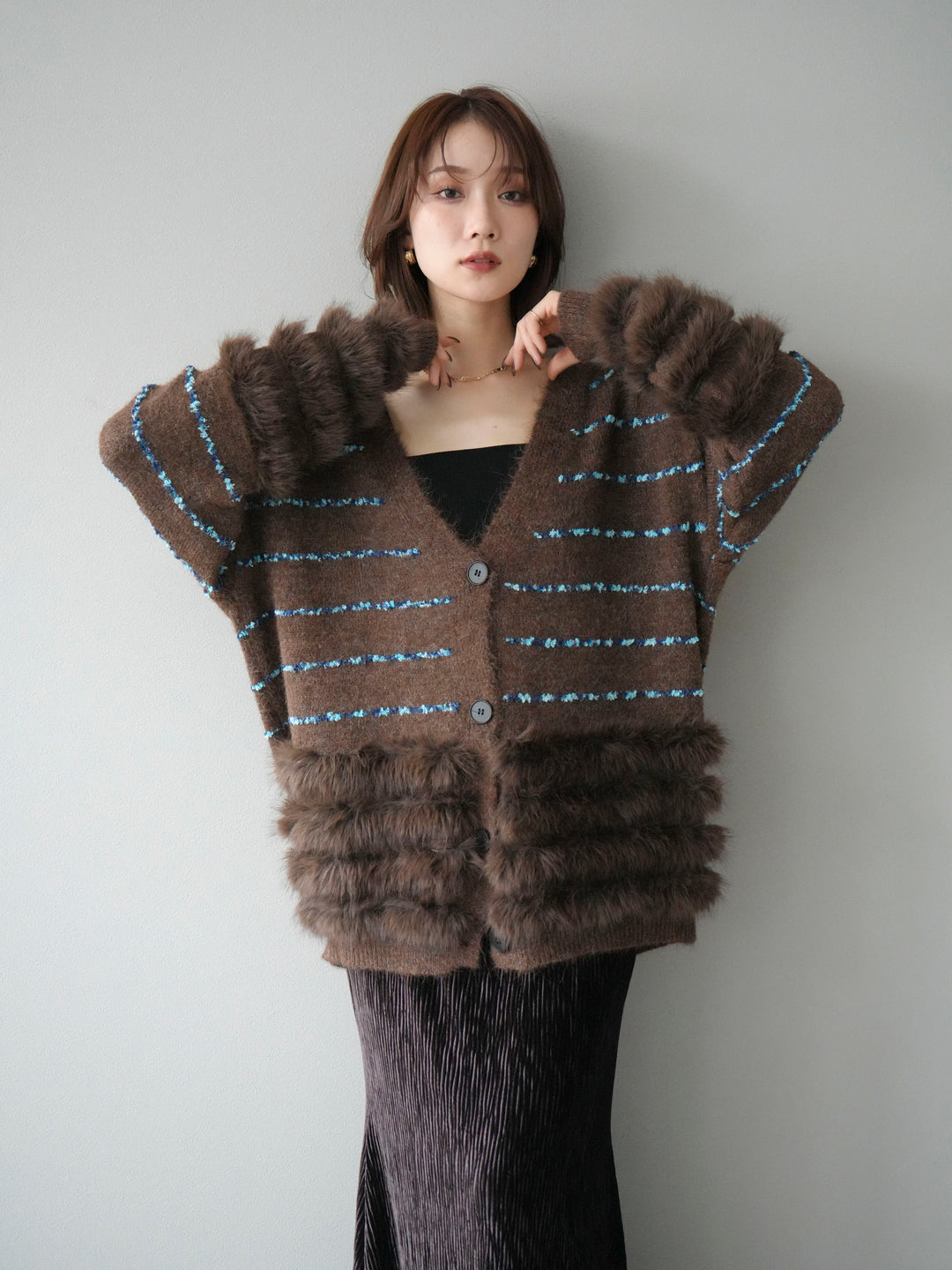 [予約]フェザーライン配色シャギーニットカーディガン/ブラウン