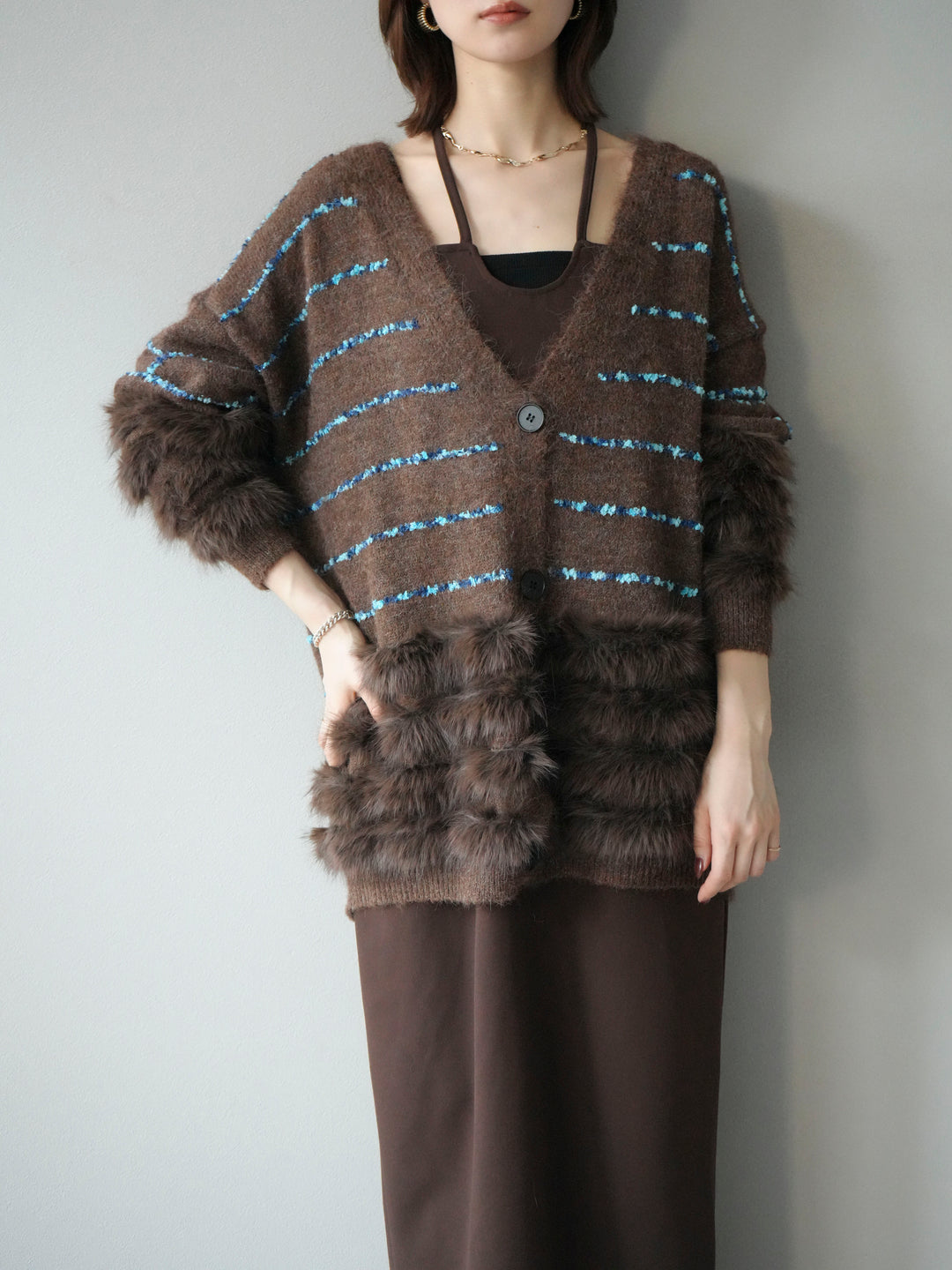 [予約]フェザーライン配色シャギーニットカーディガン/ブラウン