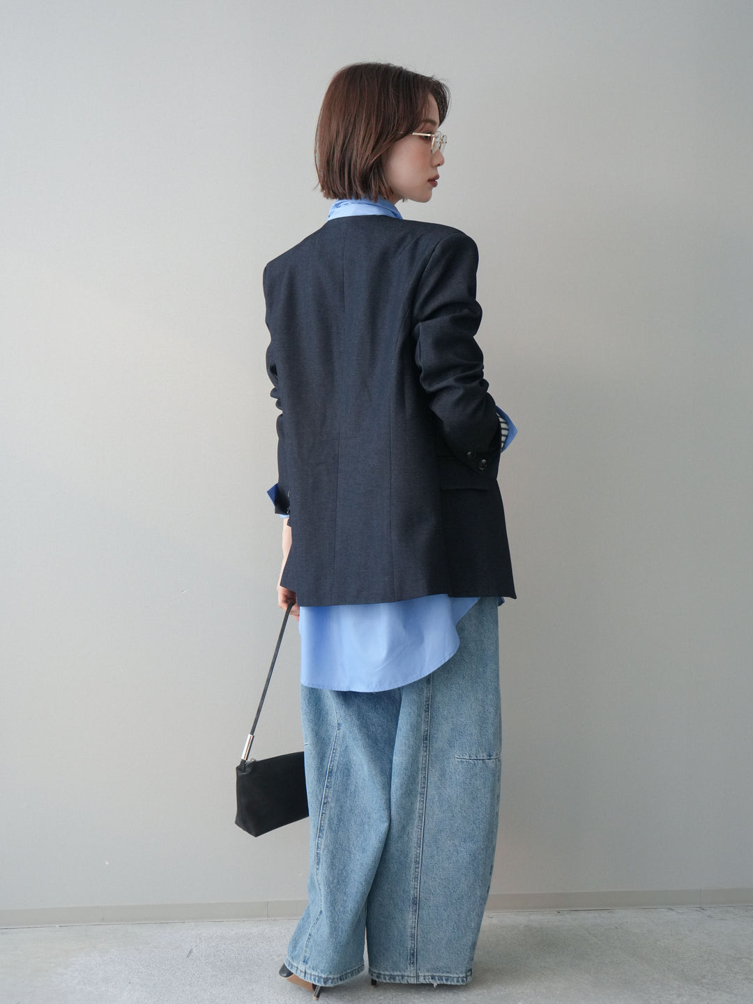 [SET]ノーカラージャケット+ボウタイ付オーバーシャツ+ガーメントウォッシュカーブデニムパンツ(3set)