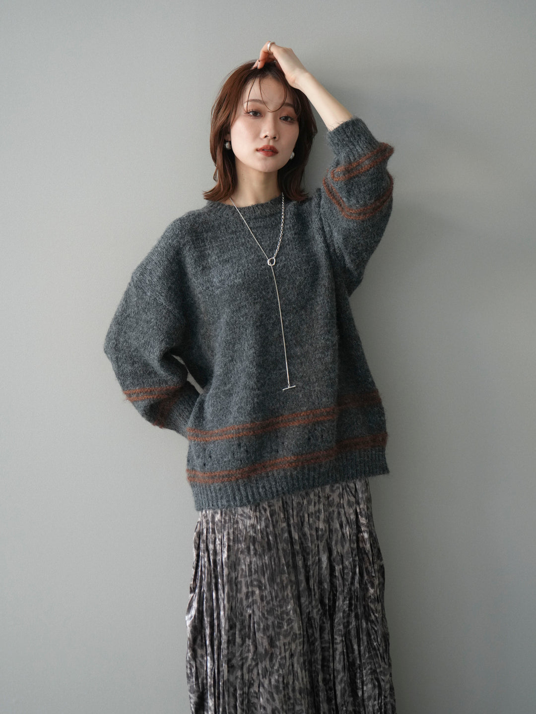 [予約]クルーネックラインボーダーニットプルオーバー/gray