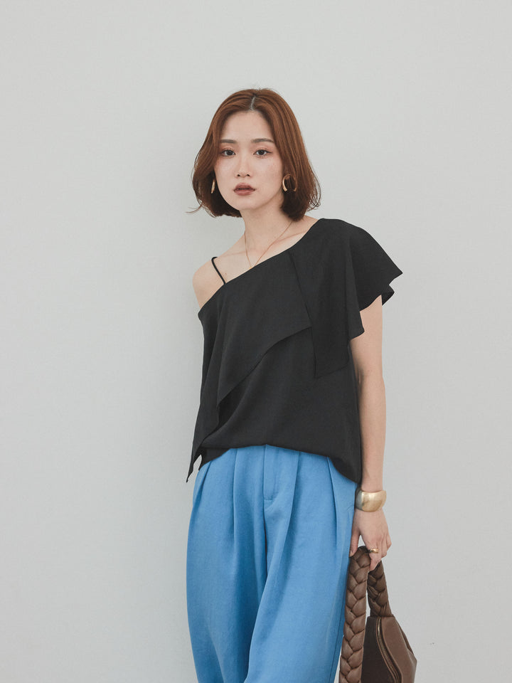 [SET]ワンショルラッフルブラウス+リネンタッチタックワイドパンツ (2set)