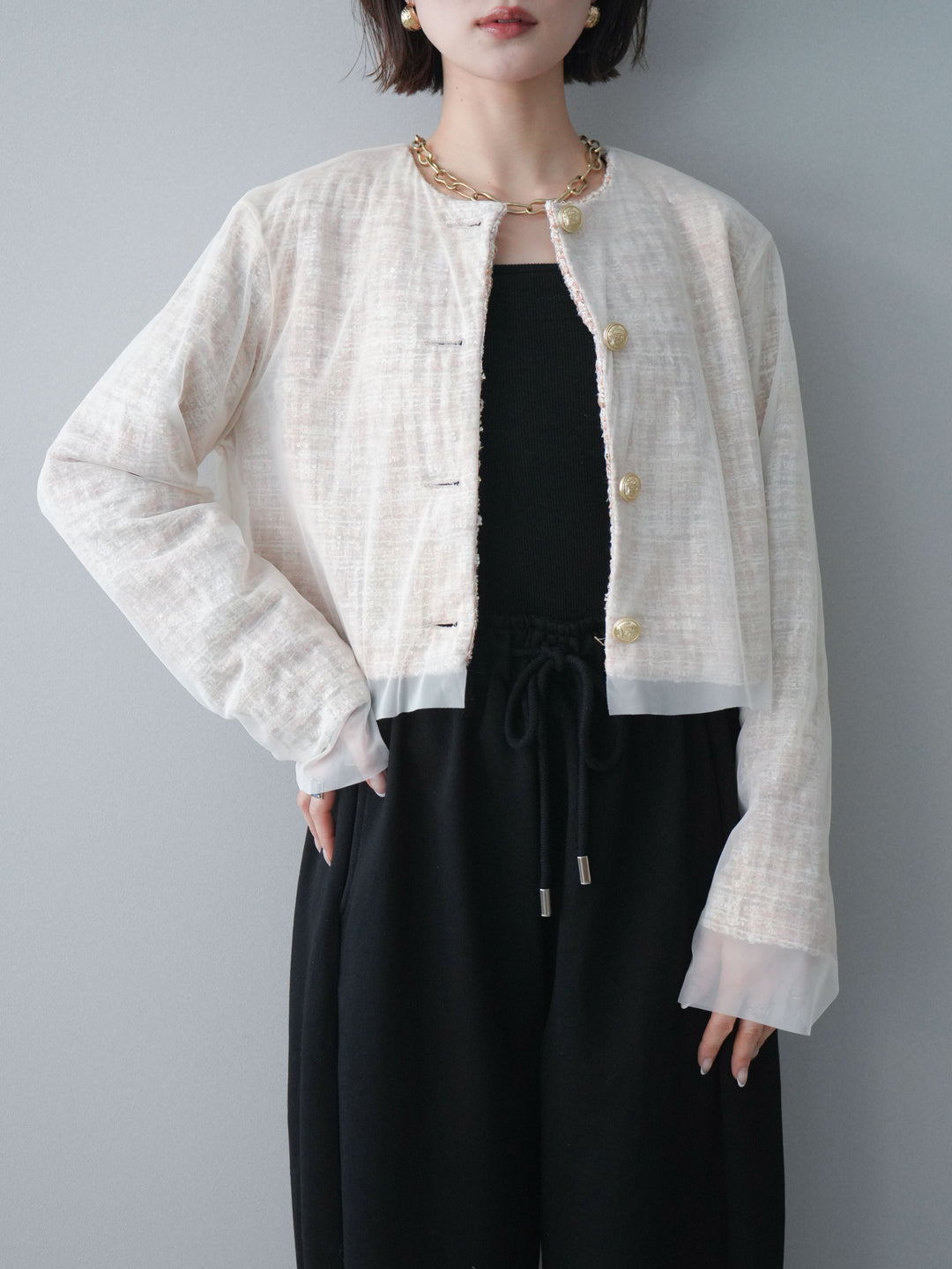 [SET]チュールレイヤードツイードクロップドジャケット+裾ZIPスエットワイドパンツ(2set)