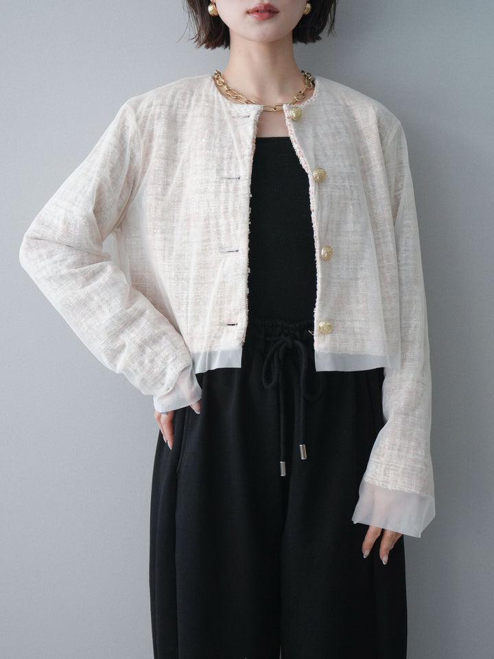 [SET]チュールレイヤードツイードクロップドジャケット+裾ZIPスエットワイドパンツ(2set)