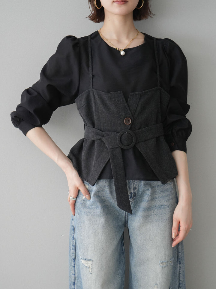 [予約]異素材ビスチェドッキングブラウス/black