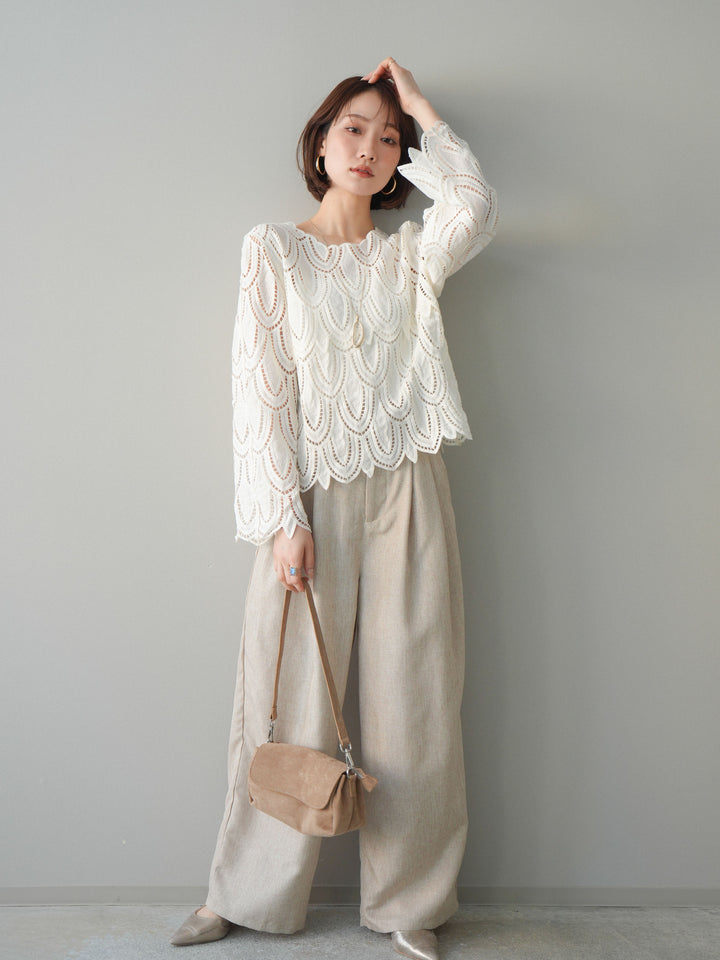 [予約]リネンライクタックワイドパンツ/oatmeal