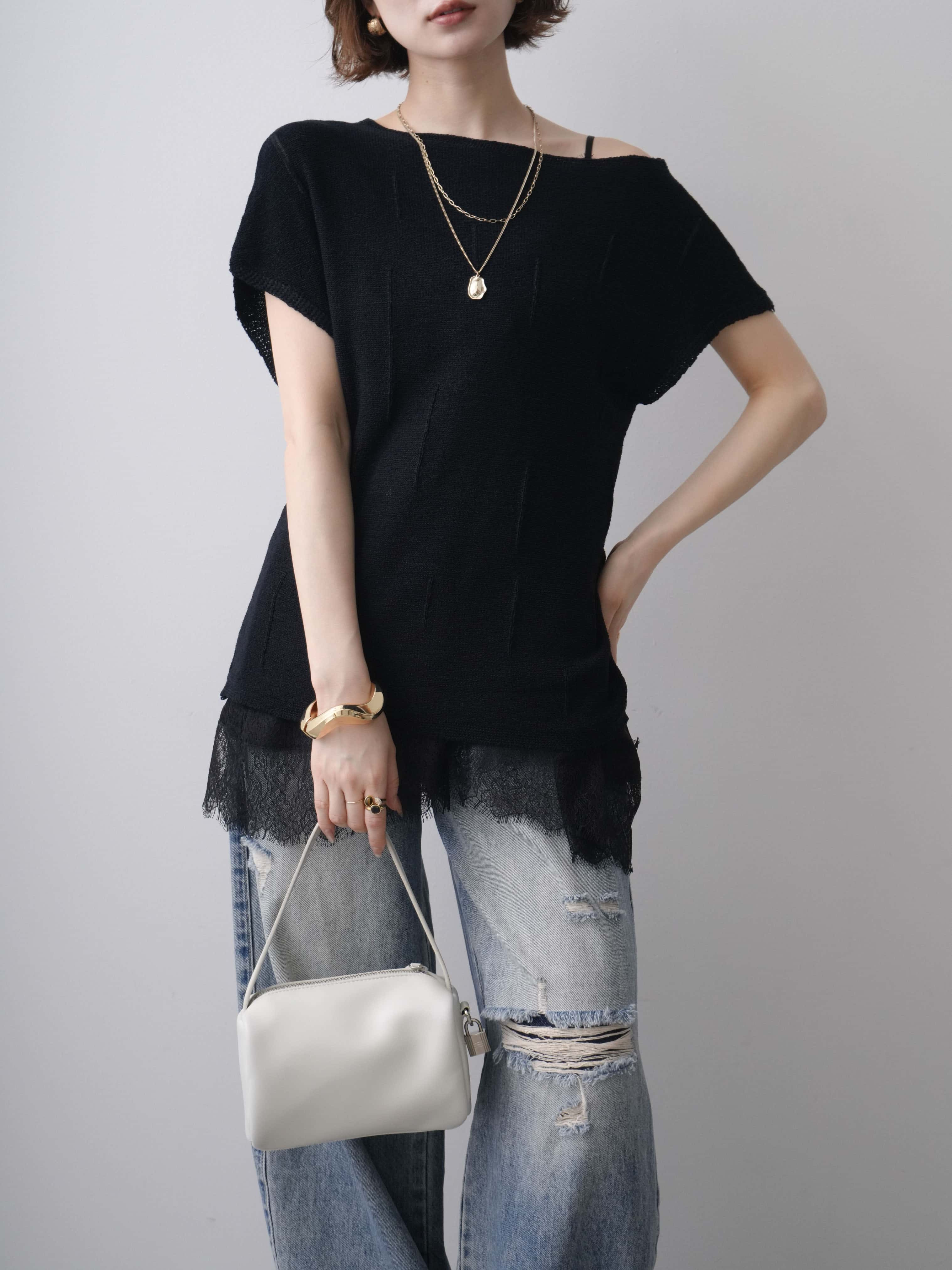 予約]スラッシュ加工フレンチニットトップス/black – Lumier