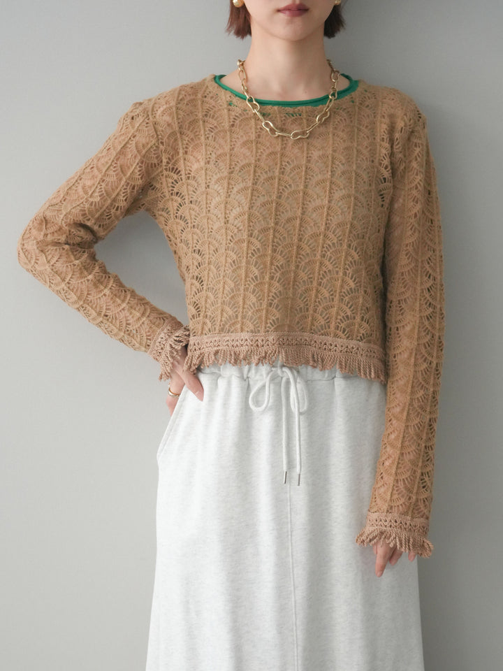 [予約]扇透かし編みクロップドニットプルオーバー/beige