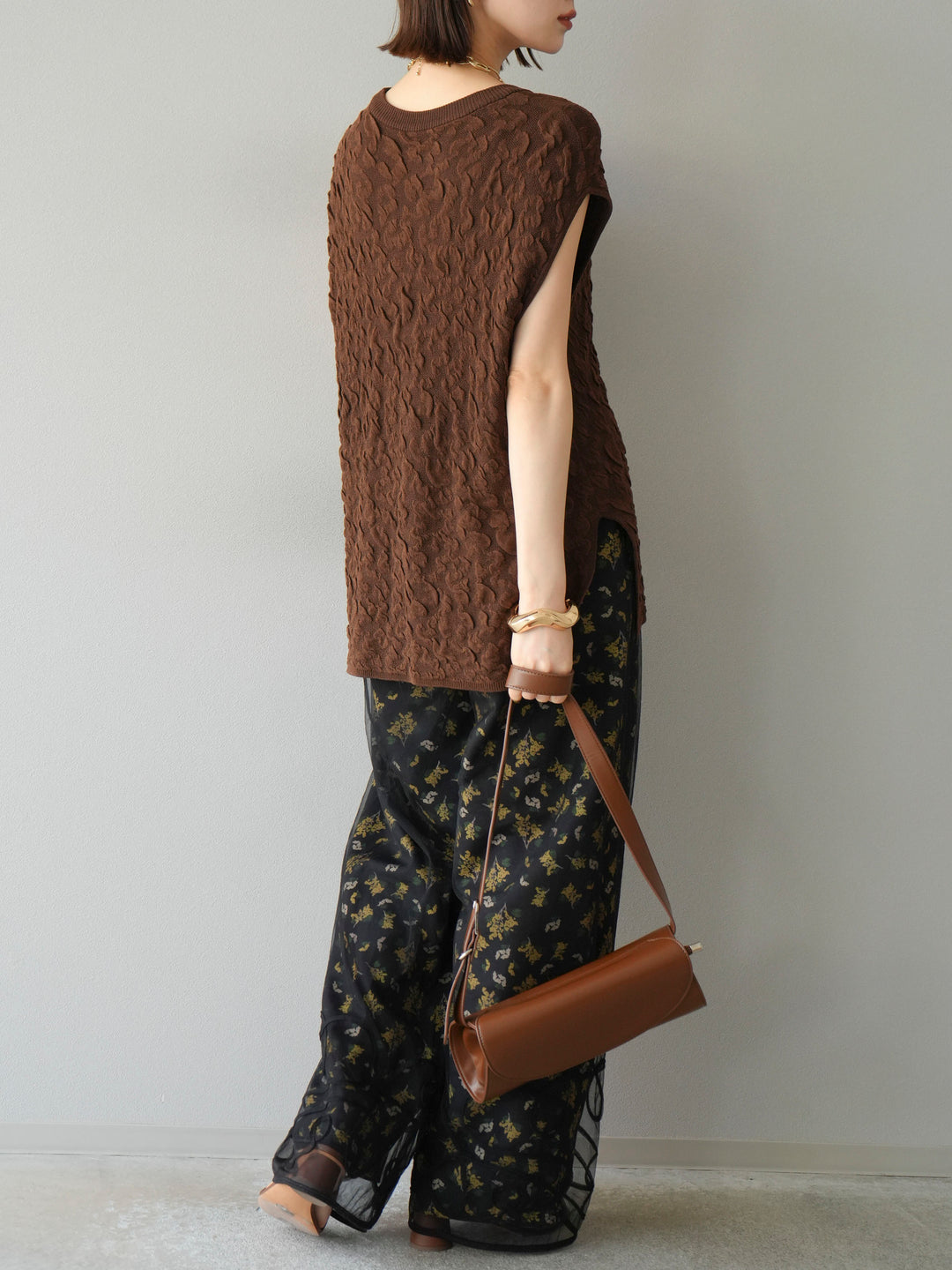 [SET]コード刺繍チュールレイヤードパンツ+ブーケプリントタックパンツ(2set)