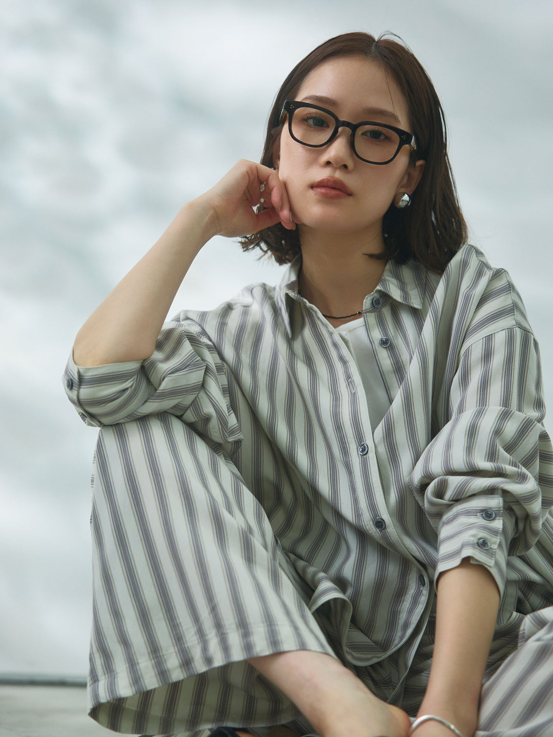 【Allure】[SET]ストライプオーバーシャツ+フロントボタンテレコリブタンクトップ+ストライプイージーパンツ(3set)