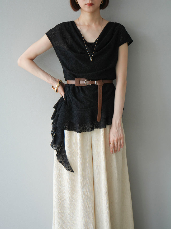 [予約]ベルト付ドレープデザインレーストップス/ブラック
