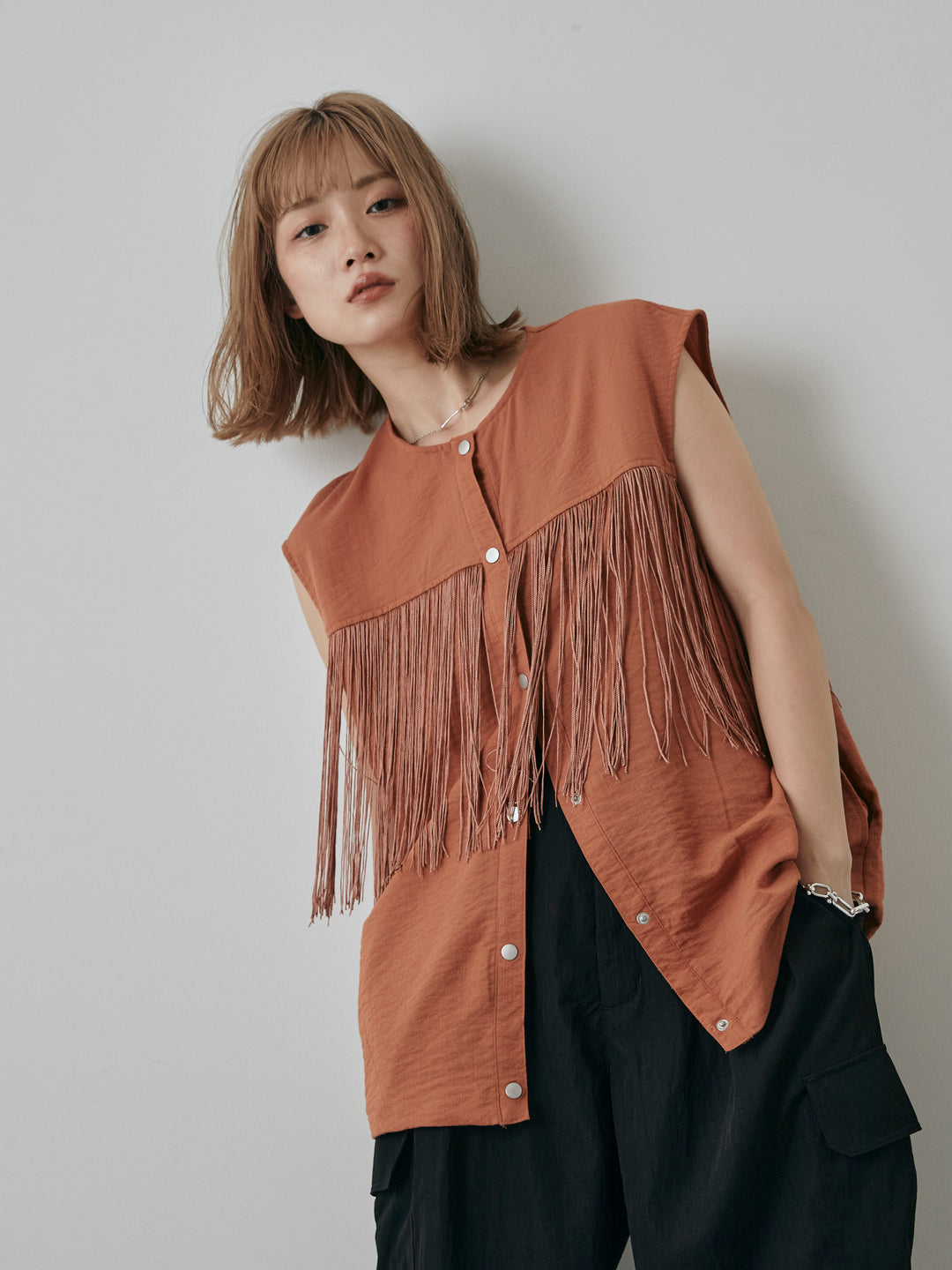 【預購】流蘇無袖上衣/摩卡色