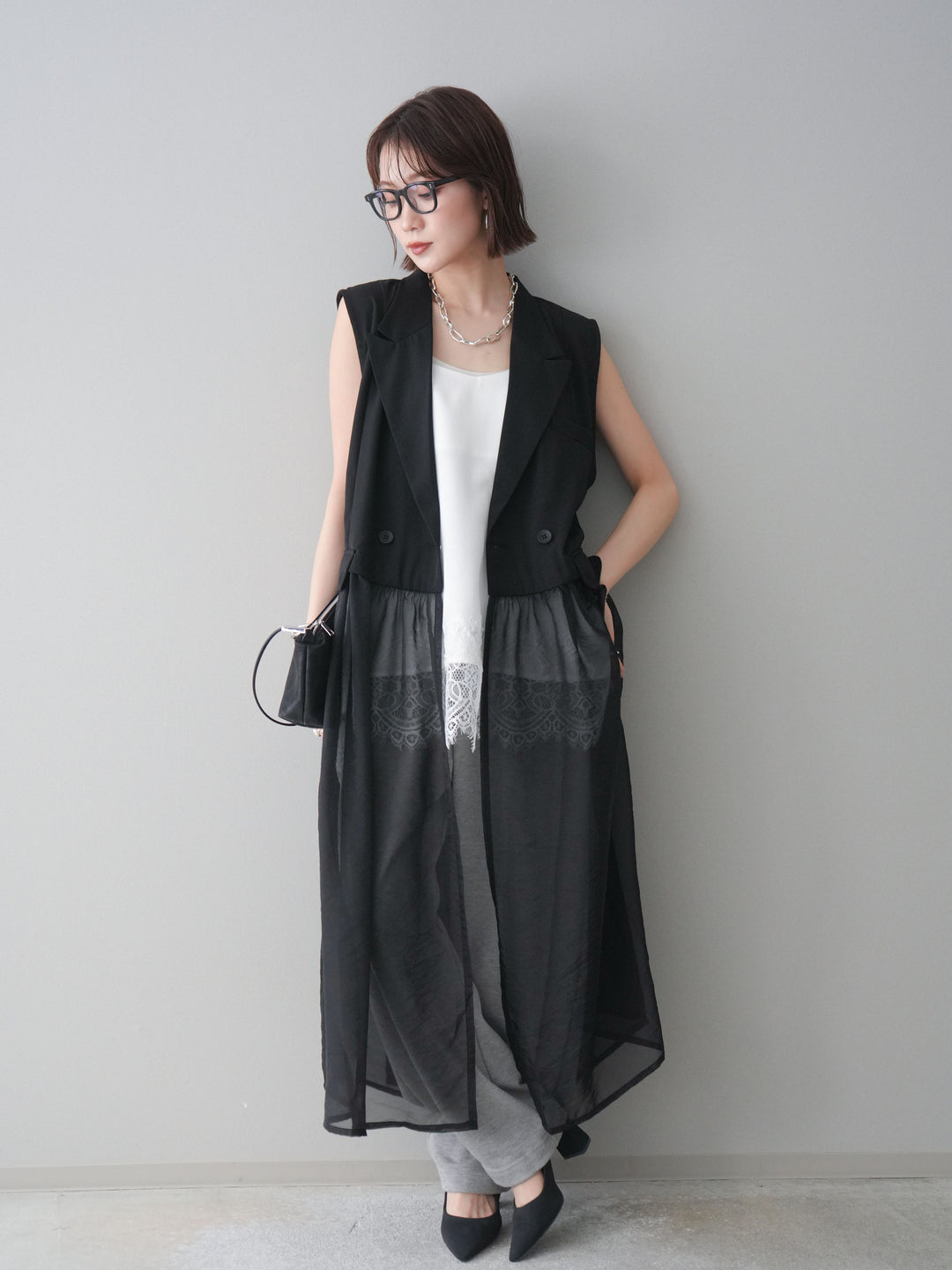 [SET]シアーレイヤードテーラードロングジレ+レーストリムキャミソール+2WAYデザインスウェットパンツ(3set)