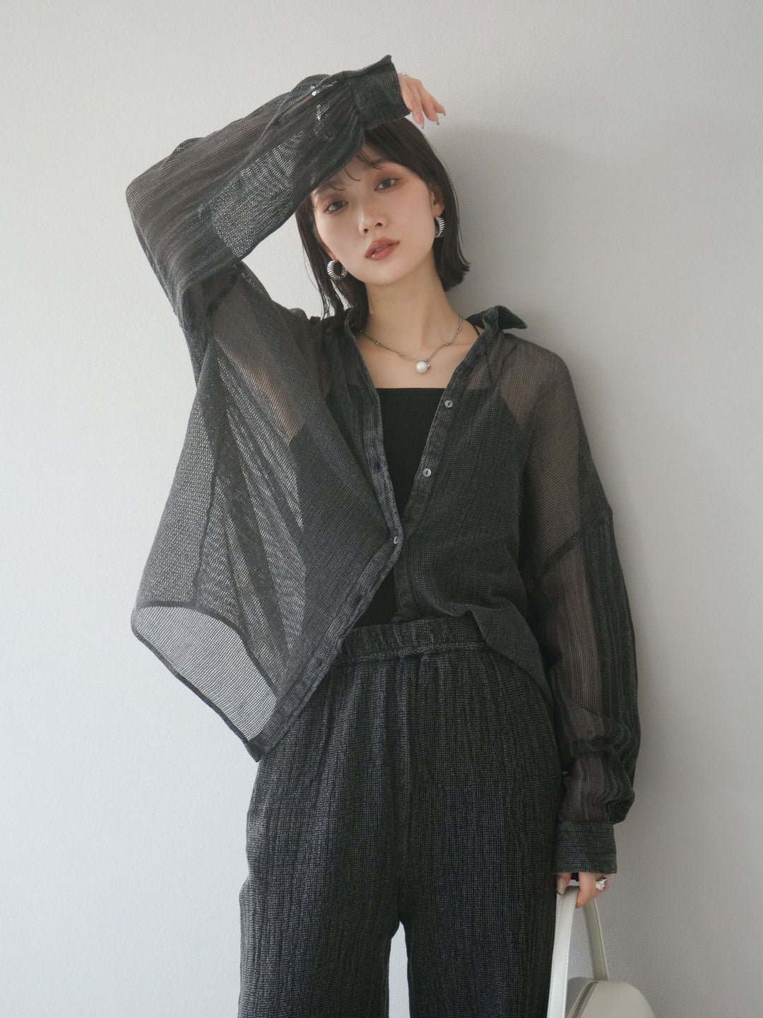 [予約]コットンラメメッシュオーバーシャツ/グレー
