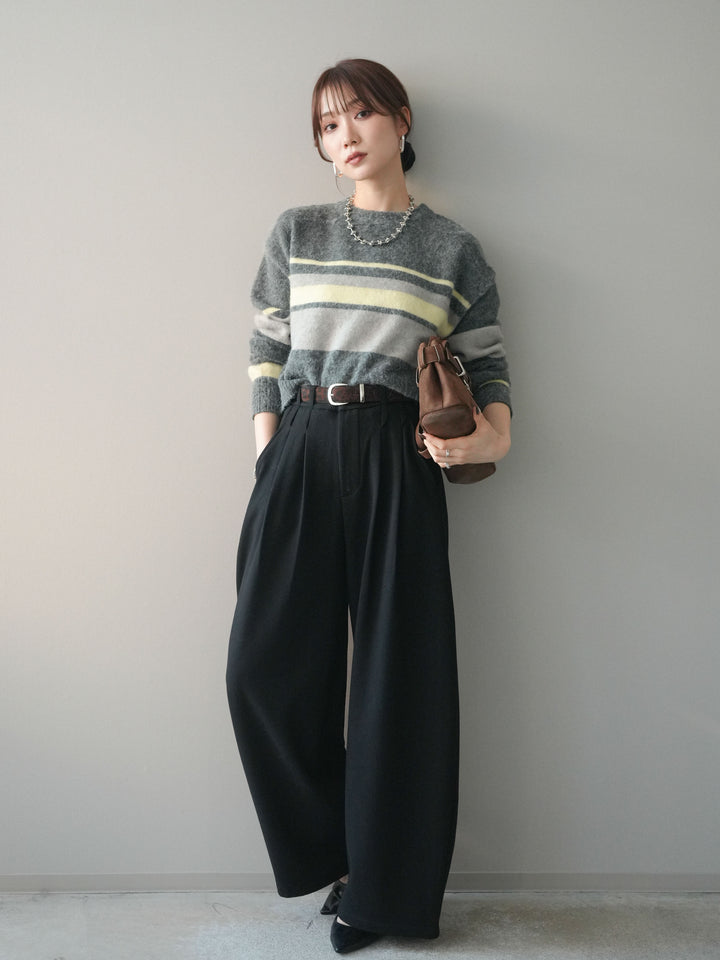 [予約]アニマル柄ベルト付きウールタッチワイドパンツ/black