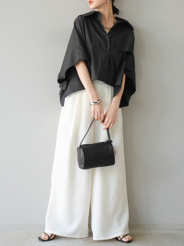 [SET]ポンチョショートシャツ+リネンライクイージーワイドパンツ(2set)