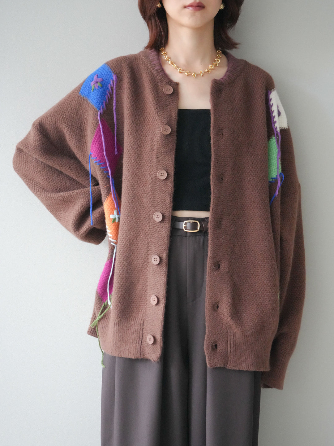 [SET]ハンドステッチアーガイルデザインニットカーディガン+ベルトループデザインワイドパンツ(2set)