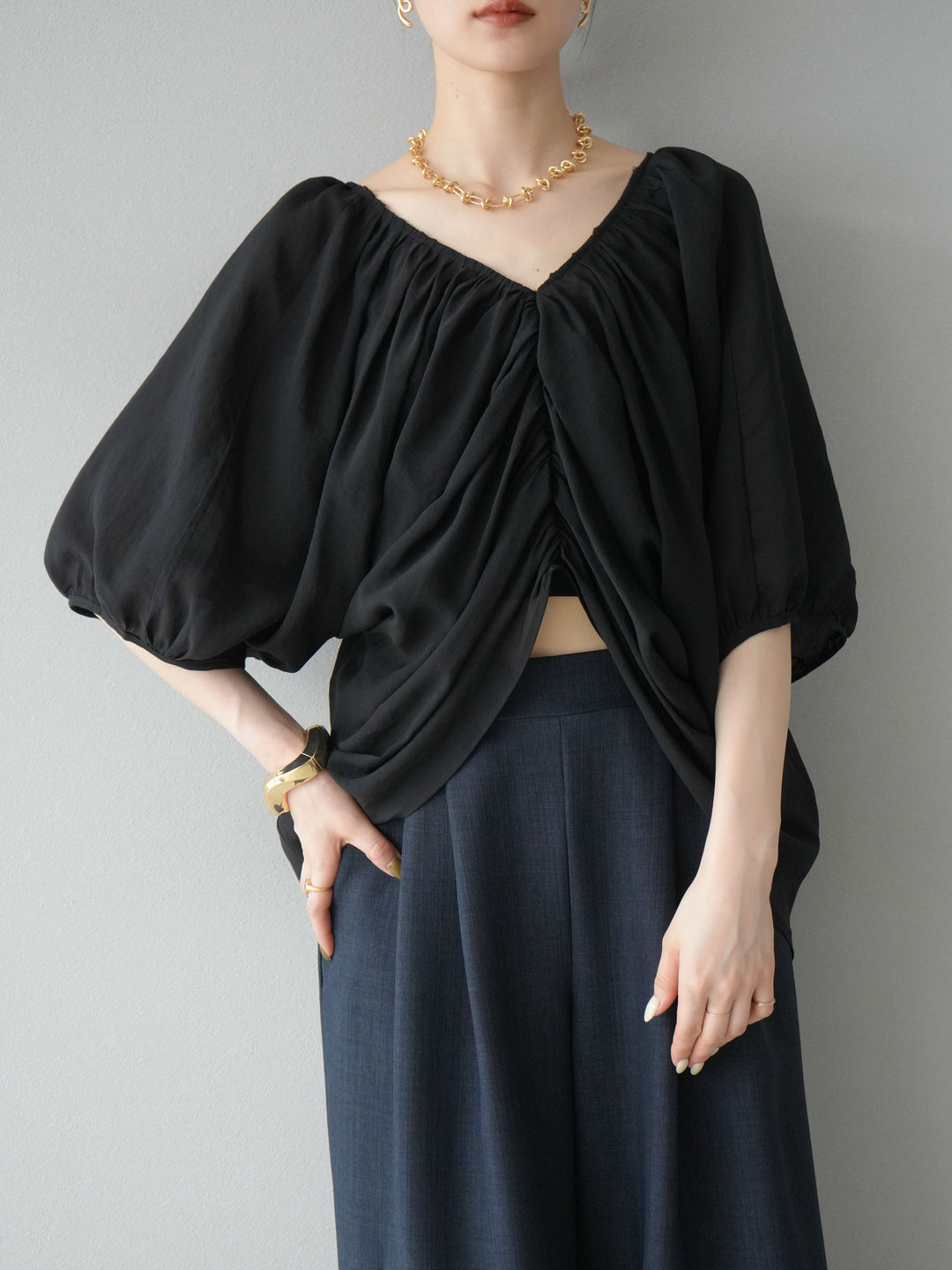 [SET]ボリュームスリーブシアータックブラウス+リネンライクイージーワイドパンツ(2set)