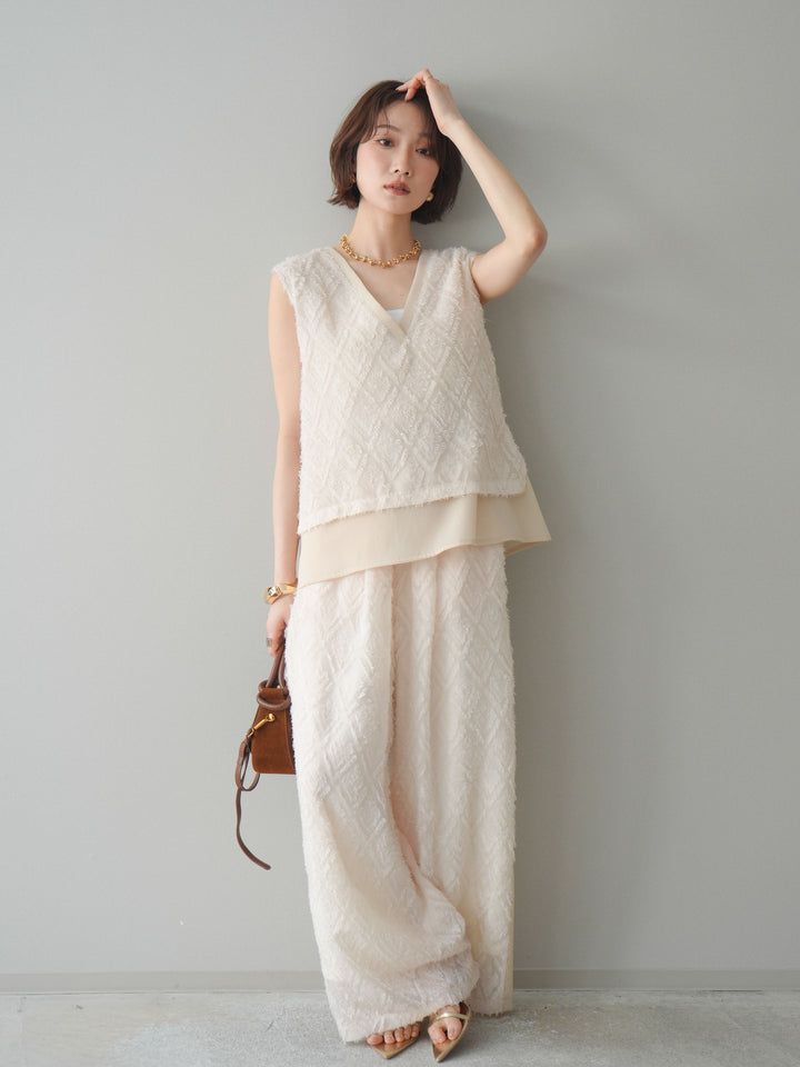 [SET]フリンジレイヤードVネックノースリーブ+フリンジイージーストレートパンツ(2set)