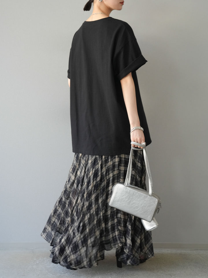 [SET]ネオンロゴフォトプリントBIG Tシャツ+シアーチェックアシンメトリーワッシャースカート(2set)