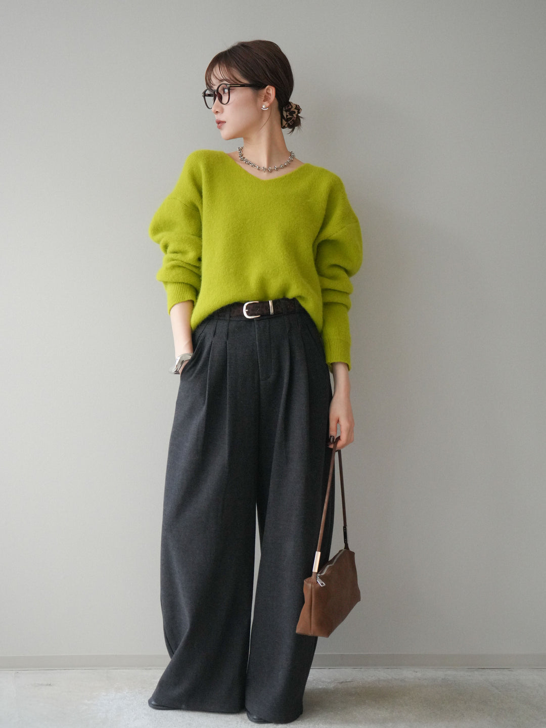 [予約]アニマル柄ベルト付きウールタッチワイドパンツ/charcoal