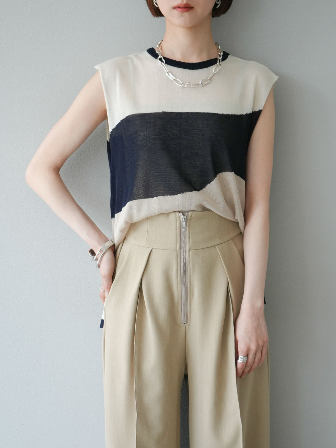 [SET]バイカラーシアーニットノースリーブ+ジップタックワイドパンツ(2set)