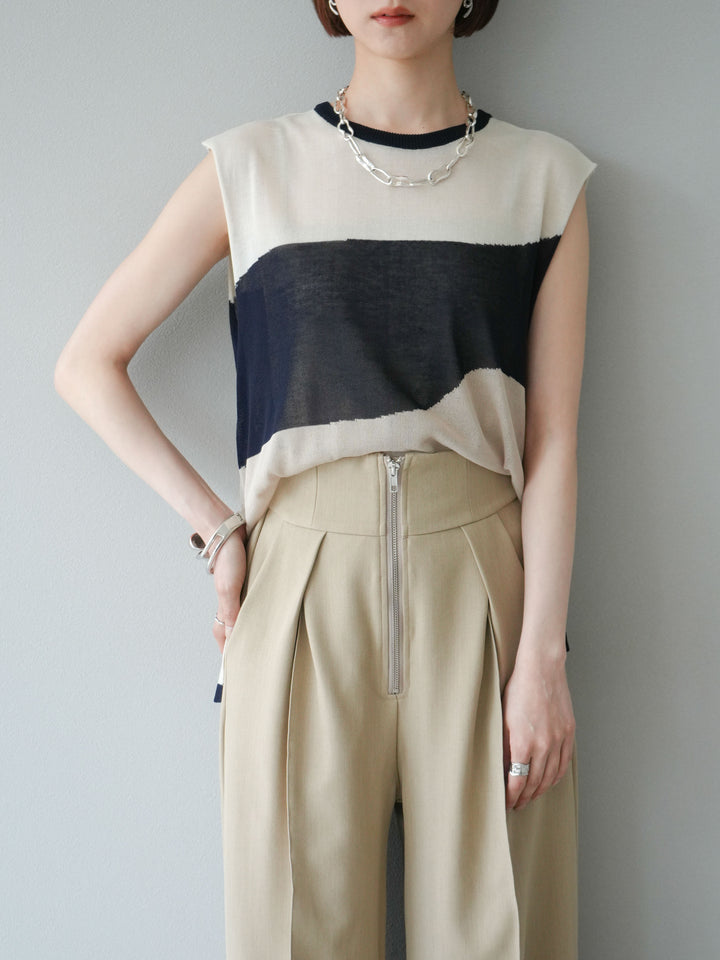 [SET]バイカラーシアーニットノースリーブ+ジップタックワイドパンツ(2set)