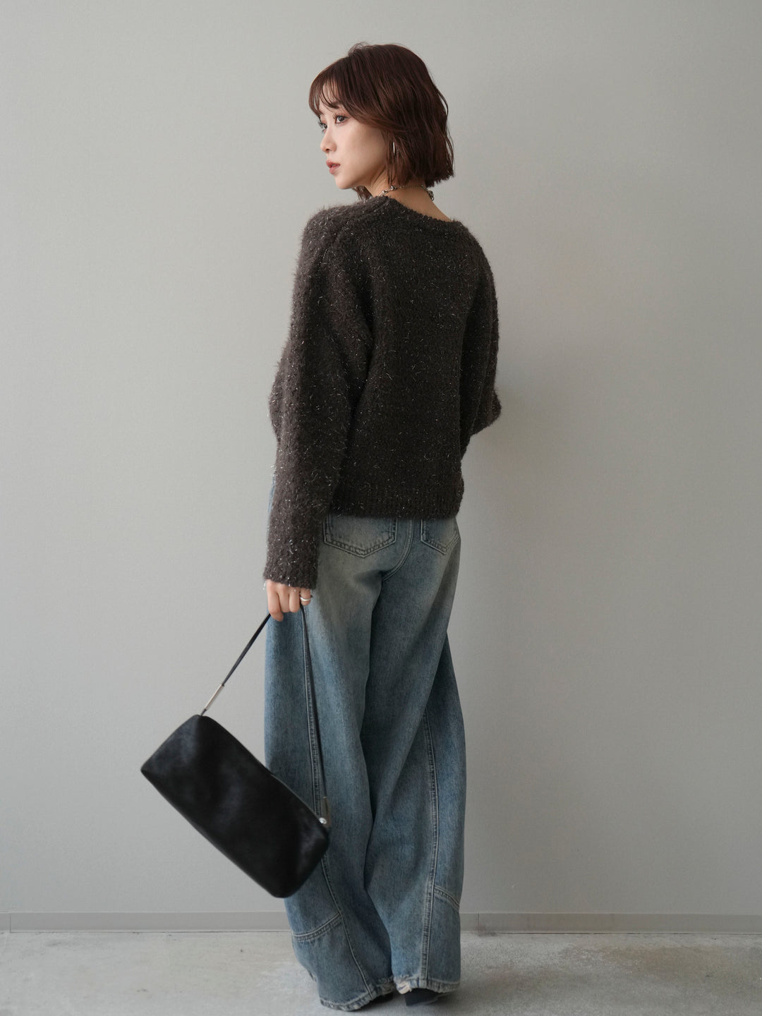 [SET]モールラメミックスヤーンニットプルオーバー+ベルト付カーブデニムパンツ(2set)