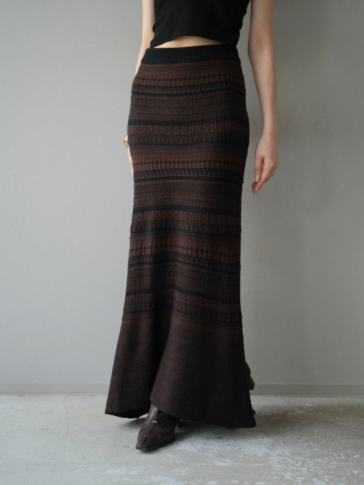 [予約]ガーター編みニットロングスカート/ブラウン×ブラック