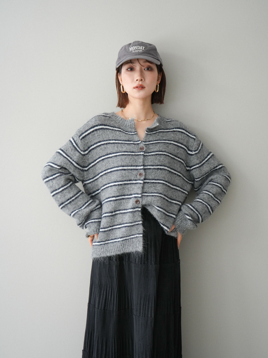 [予約]ボーダーシャギーニットカーディガン/gray