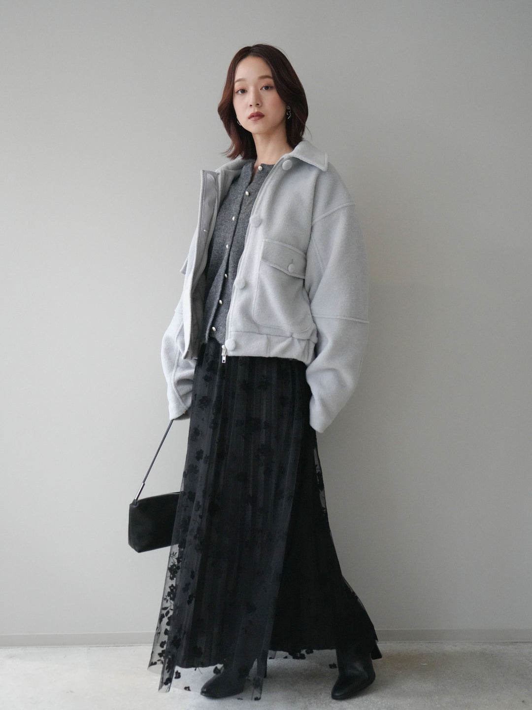 [SET]ウールライクフライトジャケット+フラワーフロッキーチュールプリーツスカート(2set)