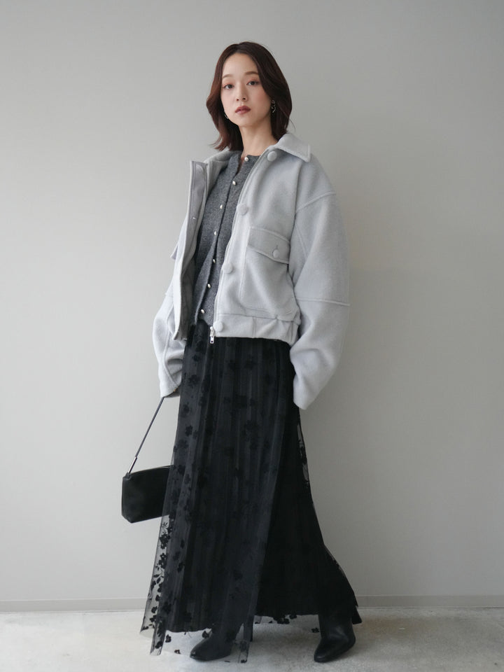 [SET]ウールライクフライトジャケット+フラワーフロッキーチュールプリーツスカート(2set)