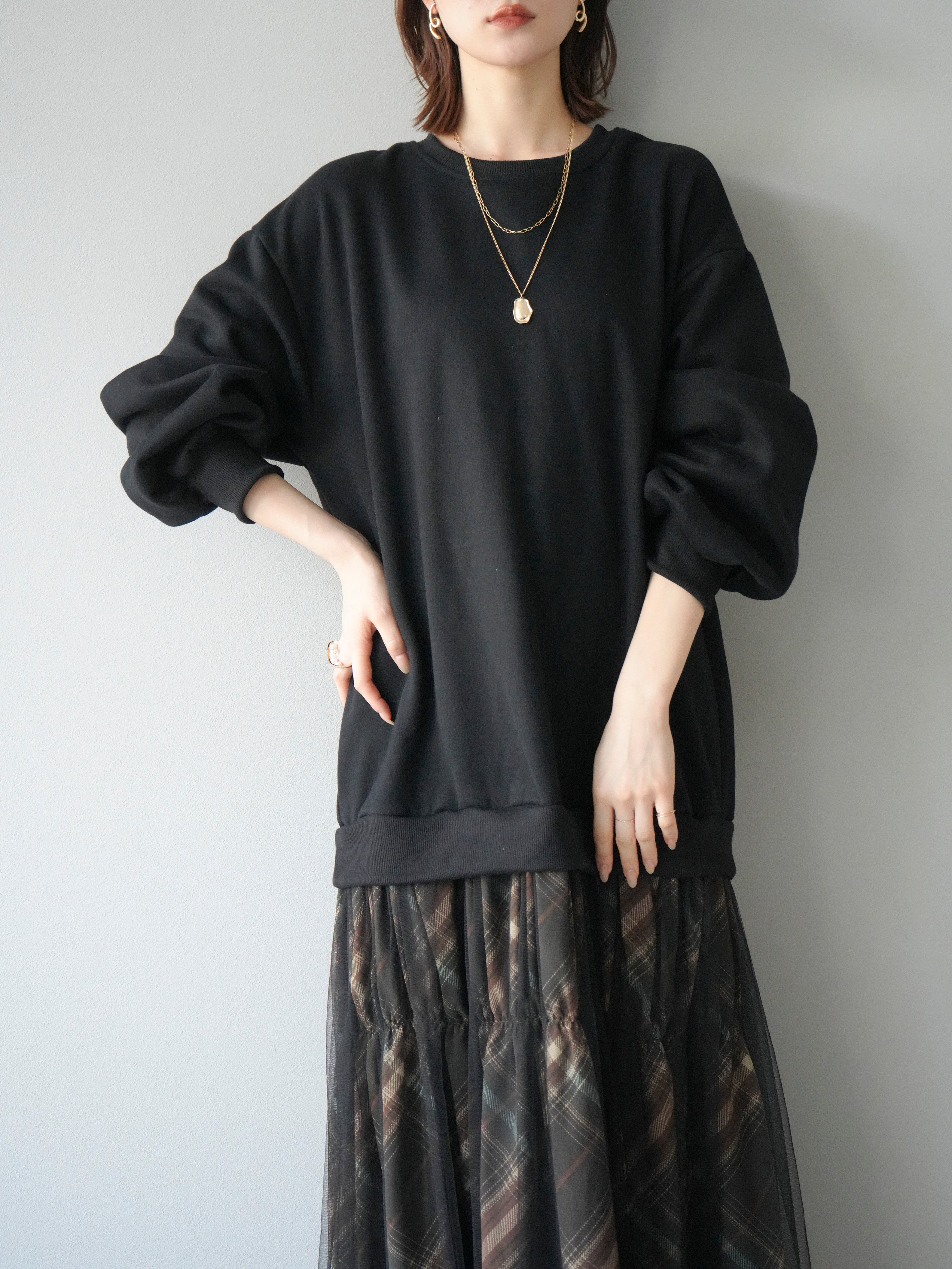 予約]スウェットドッキングチェック柄レイヤードワンピース/ブラック