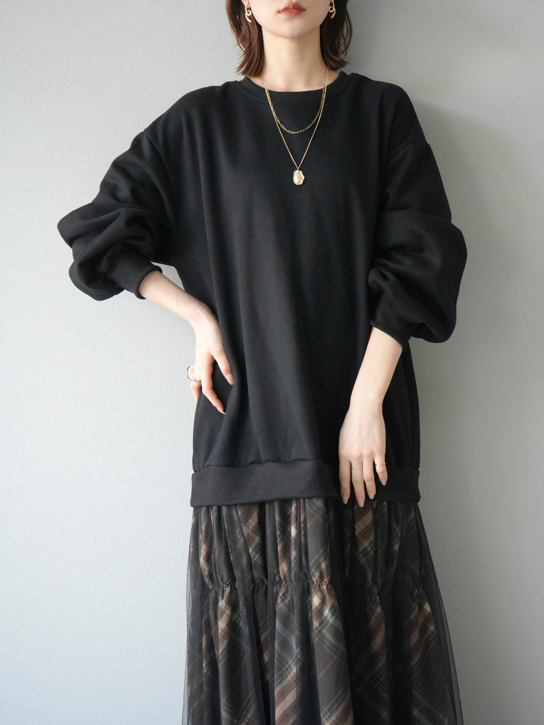 [予約]スウェットドッキングチェック柄レイヤードワンピース/ブラック
