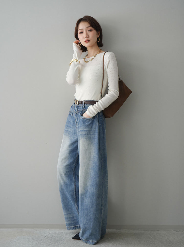 [SET]スパンコールシアーニットトップス+フロントポケットサイドタックワイドデニム(2set)