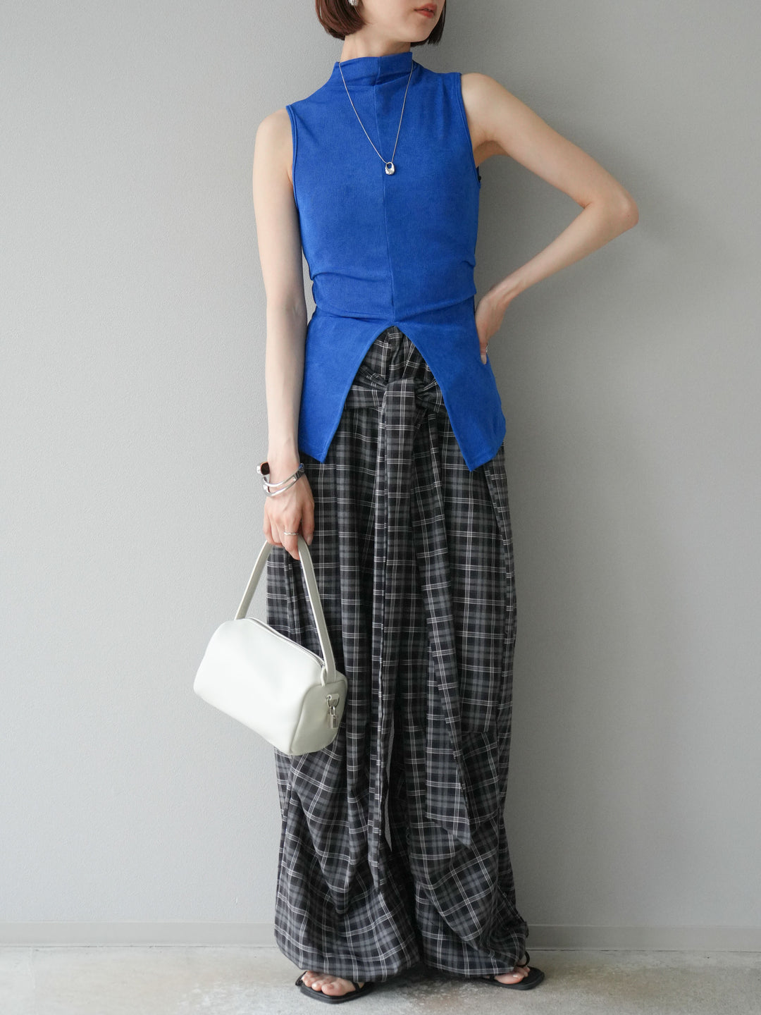 [予約]チェック柄ウエスト巻きドロストパンツ/ブラック