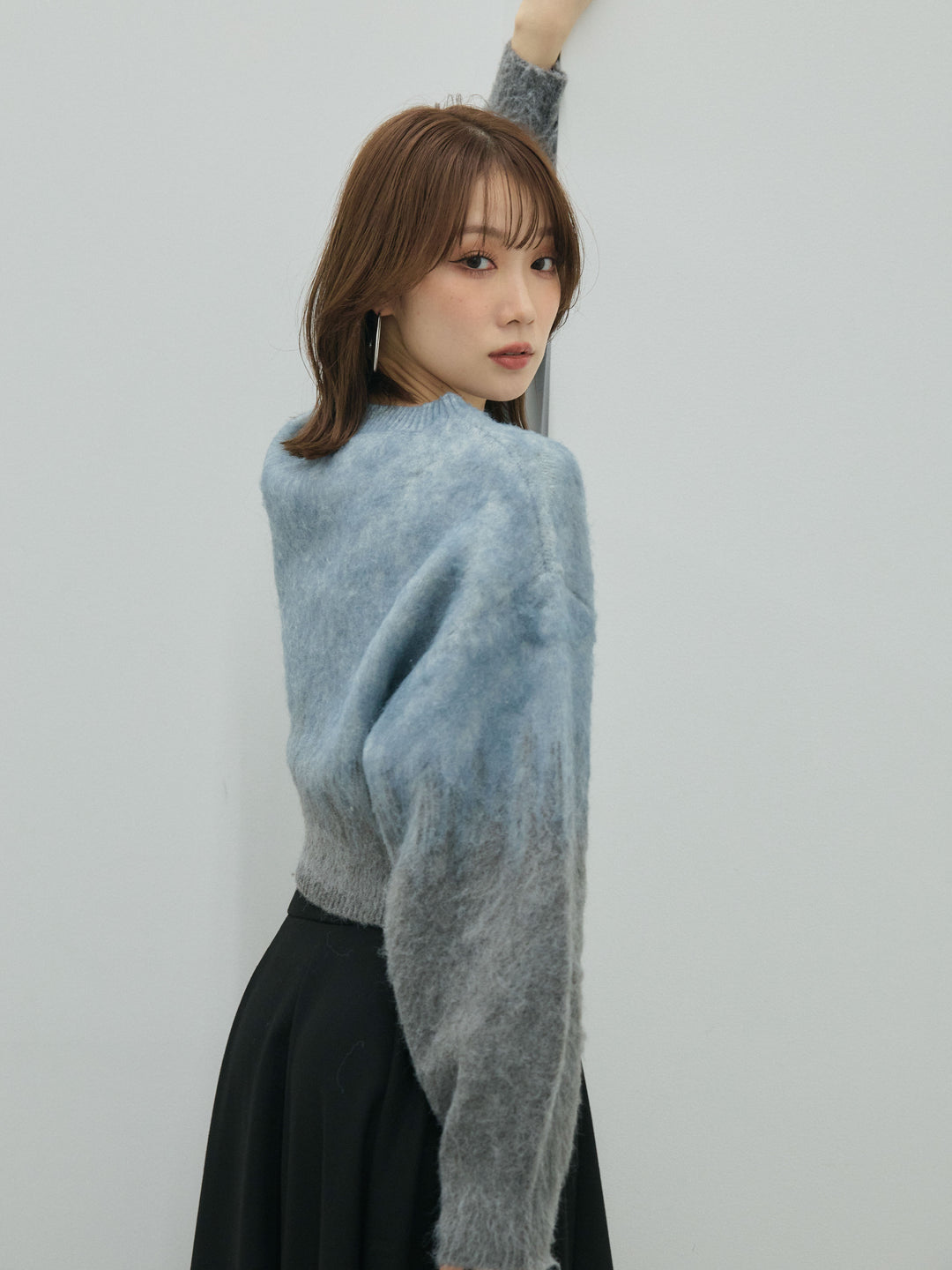 【Allure】[SET]グラデージョンクロップドシャギーニットプルオーバー+ウールタッチフレアスカート(2set)