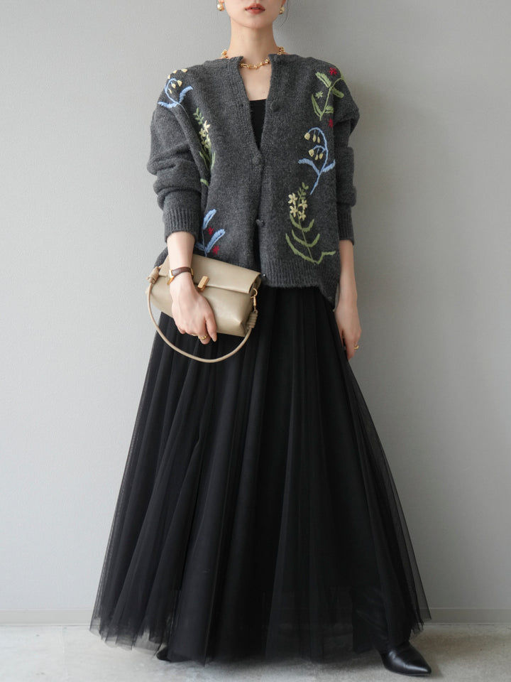 【預購】花朵刺繡針織開襟衫/炭灰色