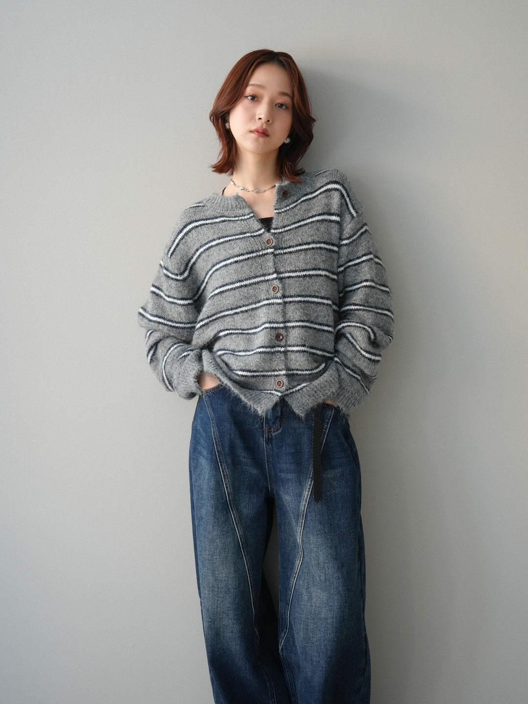 [予約]ボーダーシャギーニットカーディガン/gray