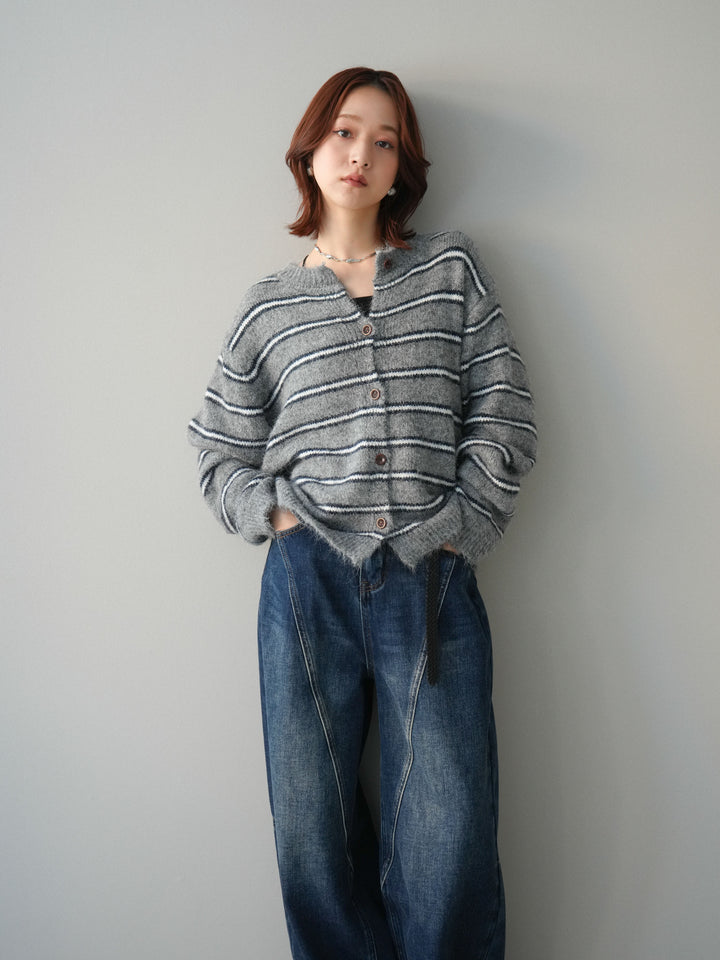 [予約]ボーダーシャギーニットカーディガン/gray