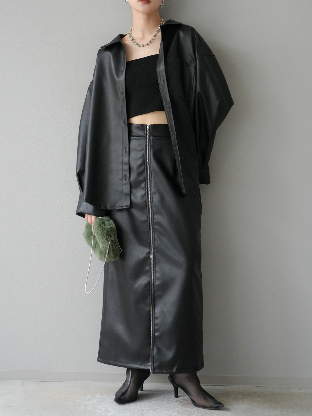 [予約]フェイクレザーシャツ/ブラック