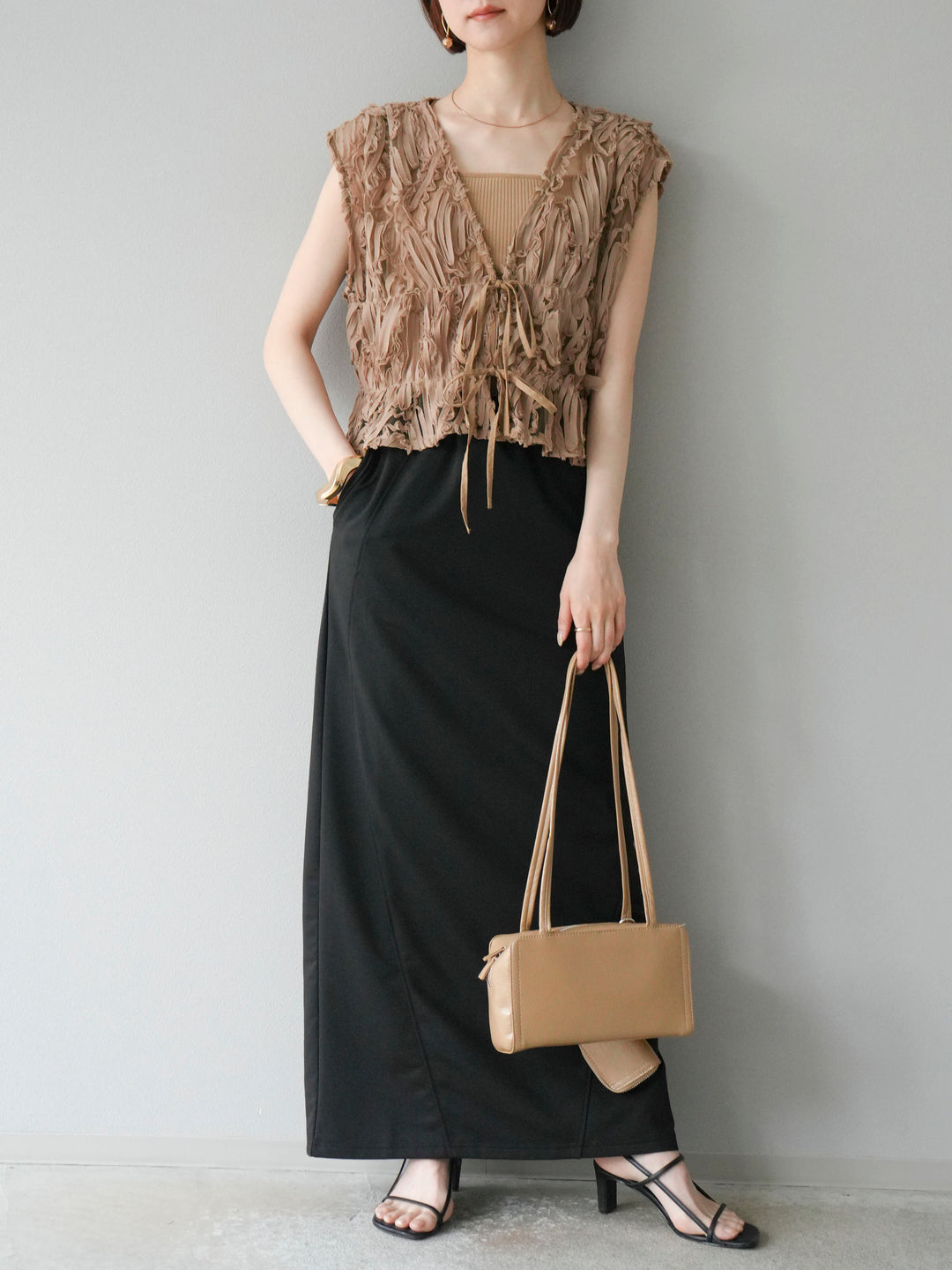 [SET]ジャガードレースリボントップス+スウェットロングスカート(2set)