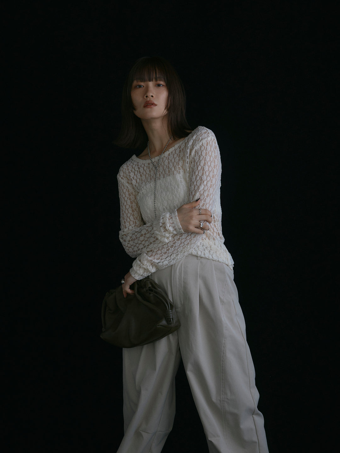 【Allure】[SET]バックラウンドレーストップス+タフタワイドカーブパンツ(2set)