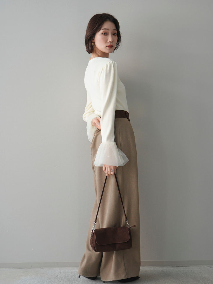 [予約]サテンベルトタックワイドパンツ/beige