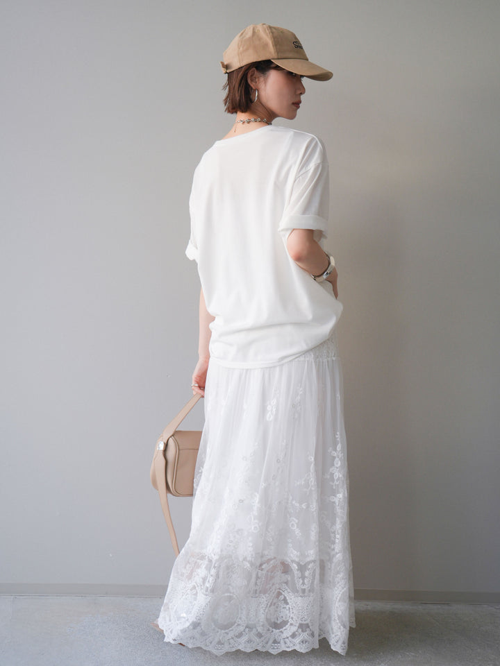 [SET]ブラーアートフォトTシャツ+シアーレースマキシスカート(2set)