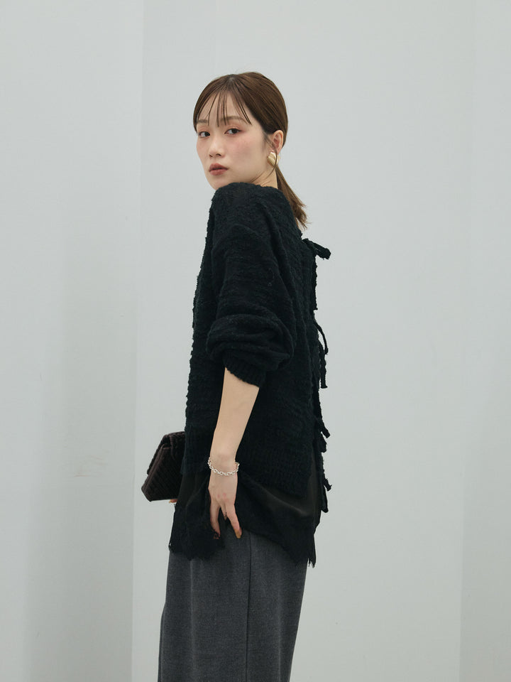 【Allure】[SET]バックリボンニュアンスブークレニットプルオーバー+ループデザインツイルワイドパンツ(2set)