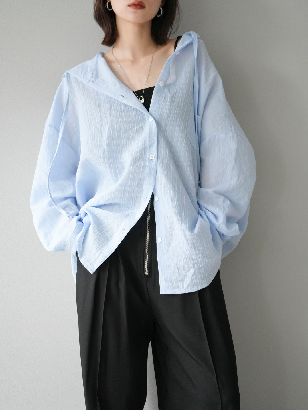 [予約]ワッシャーストライプフーディーシャツ/ブルー