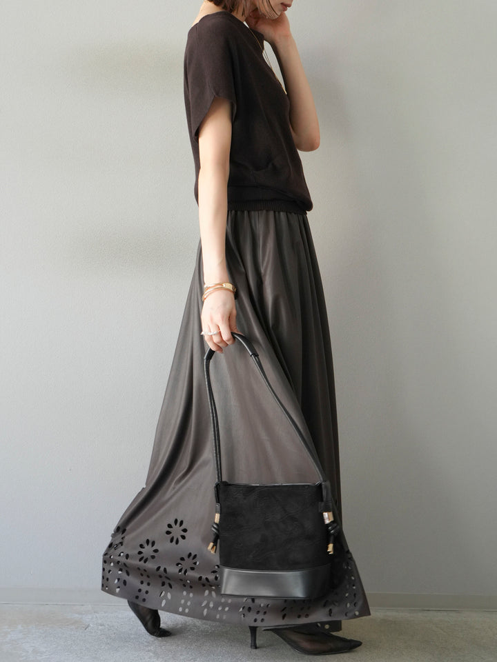 [予約]フラワーパンチングレザースカート/ブラウン