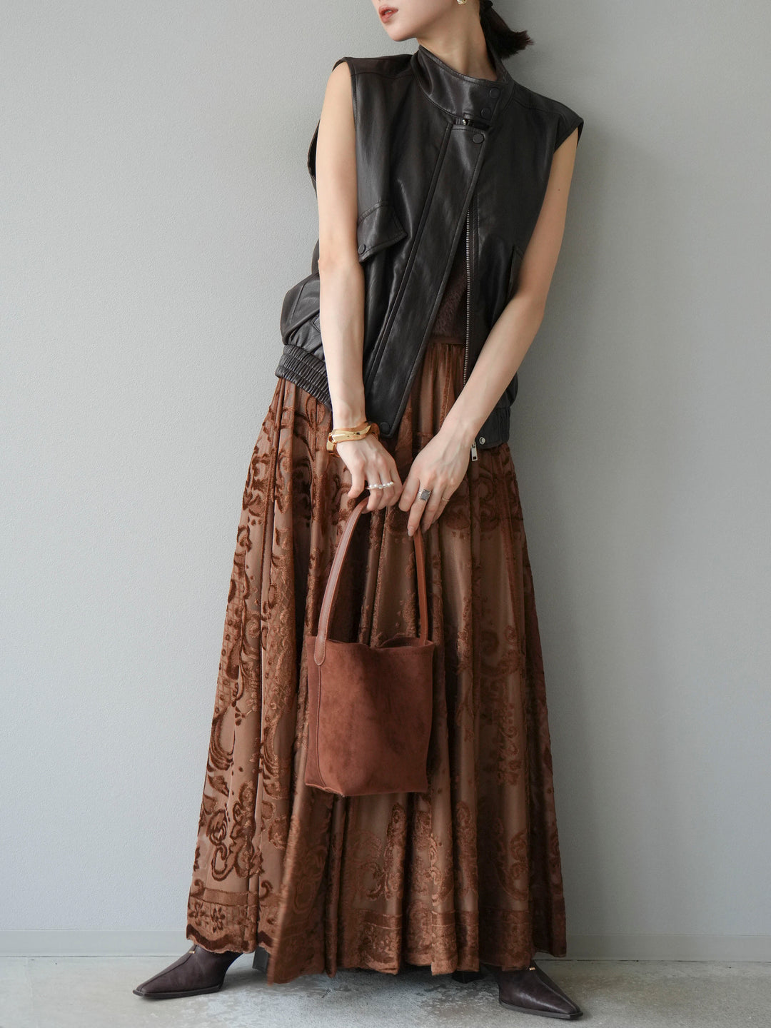 [予約]アンティーク柄フロッキーマキシスカート/ブラウン