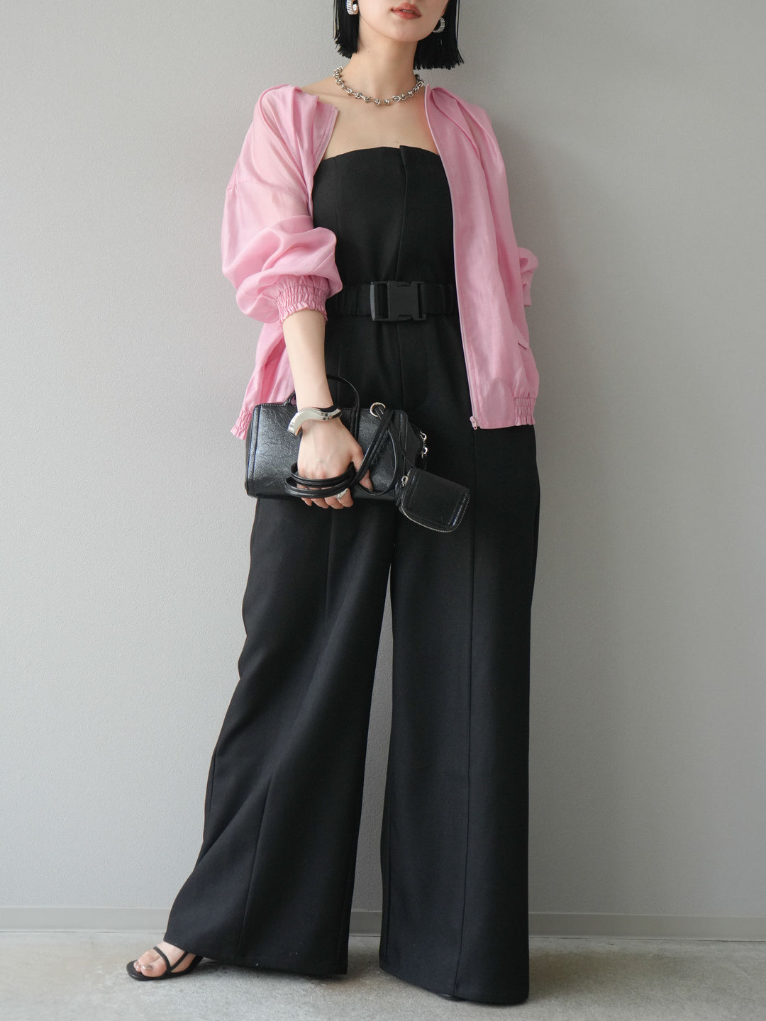 [SET]タックデザインシアーブルゾン+ヘザーツイルベルト付ベアサロペット(2set)