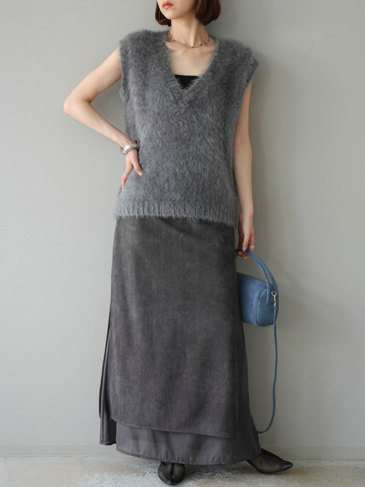 [予約]サイドスリットスウェードドッキングシフォンスカート/グレー